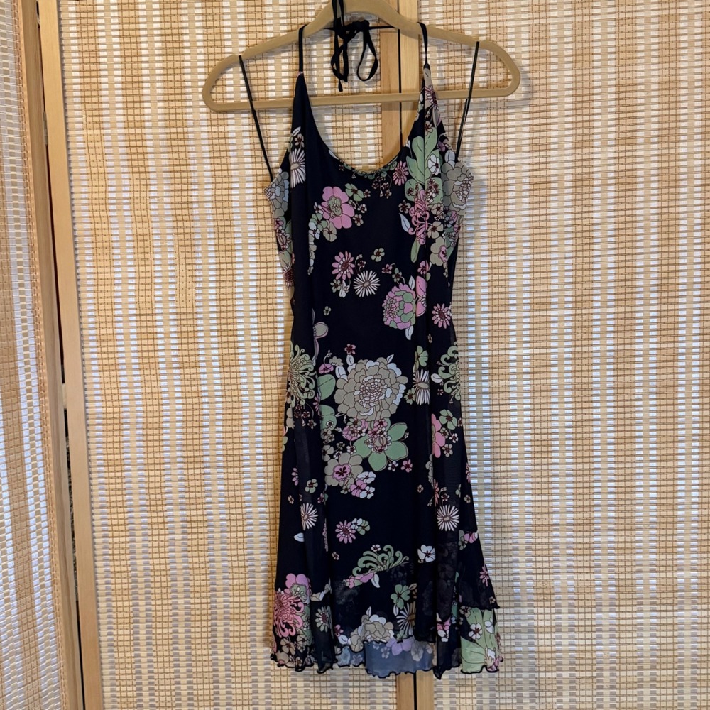 BP Nordstrom Floral Mesh Halter Dress Black Pink Green Ruffle Hem XL